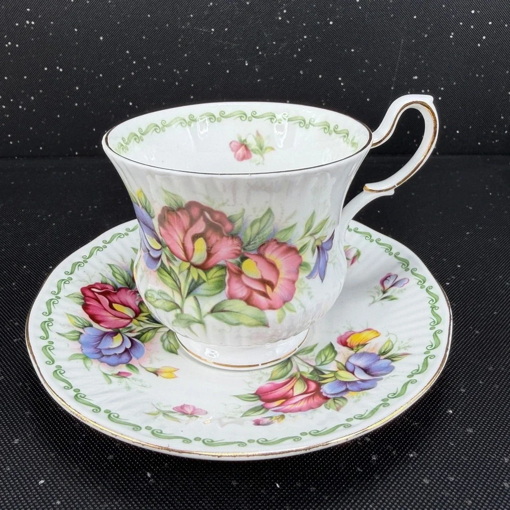 Queen's Special Flowers April Sweet Pea Tea Cup Saucer Set Rosina China England